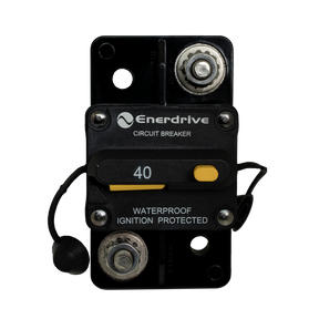 Enerdrive 40A surface mount circuit breaker front view with two 5/16-inch studs and yellow reset switch.