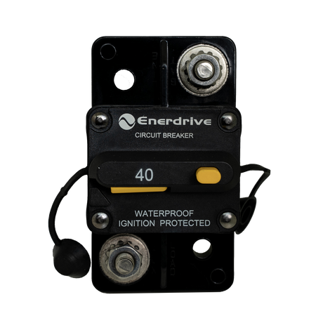 Enerdrive 40A surface mount circuit breaker front view with two 5/16-inch studs and yellow reset switch.