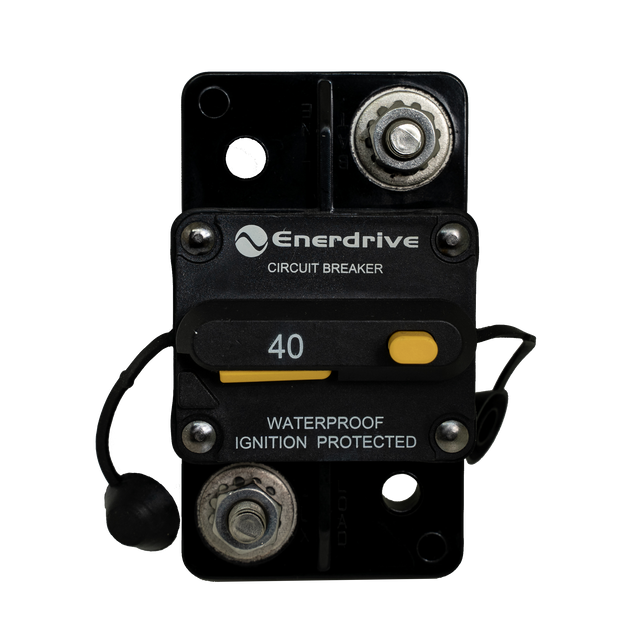 Enerdrive 40A surface mount circuit breaker front view with two 5/16-inch studs and yellow reset switch.