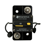 Enerdrive 50A surface mount circuit breaker front view with two 5/16-inch studs and yellow reset switch.