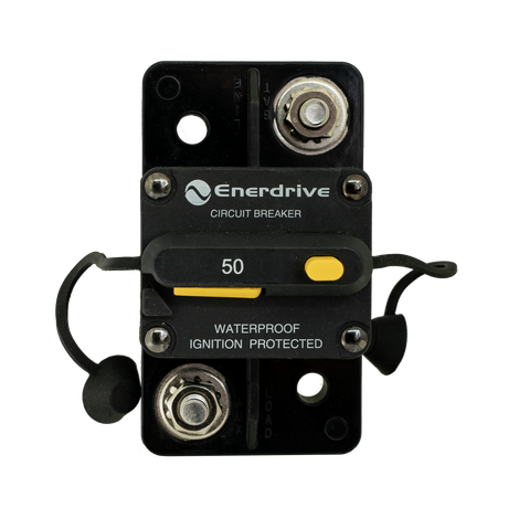 Enerdrive 50A surface mount circuit breaker front view with two 5/16-inch studs and yellow reset switch.