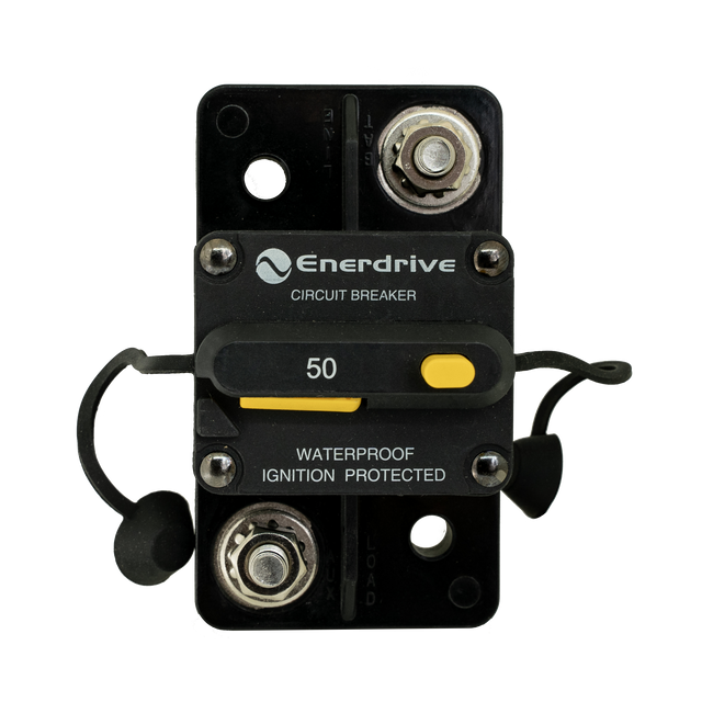 Enerdrive 50A surface mount circuit breaker front view with two 5/16-inch studs and yellow reset switch.