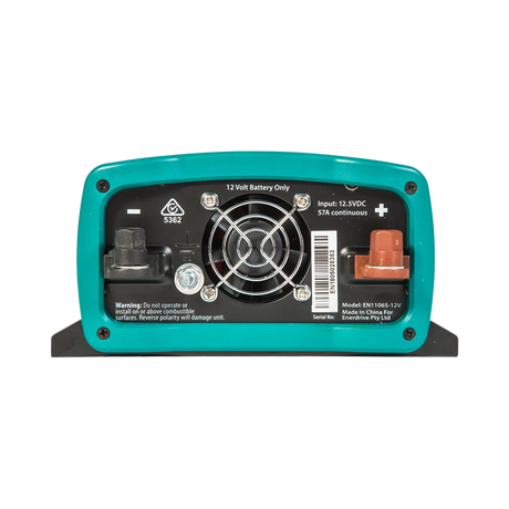 Enerdrive 600W 12V ePOWER inverter rear view with a cooling fan and positive and negative battery terminals.
