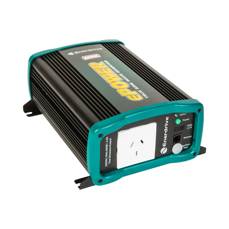 Enerdrive 600W 12V ePOWER inverter in a front left view with its top label, ribbed housing and mounting feet.