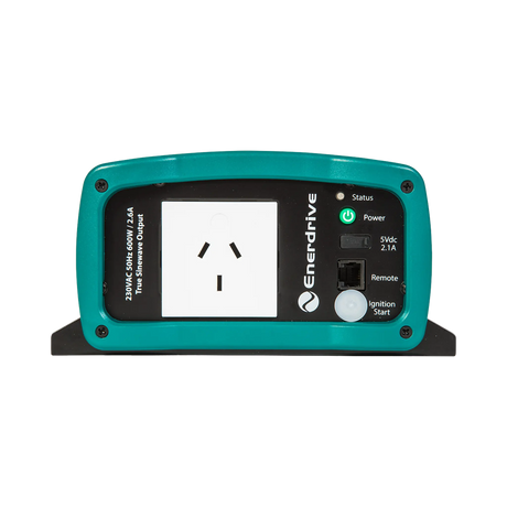Enerdrive 600W 12V ePOWER inverter front panel with an AC socket, USB port, remote port and green status light.