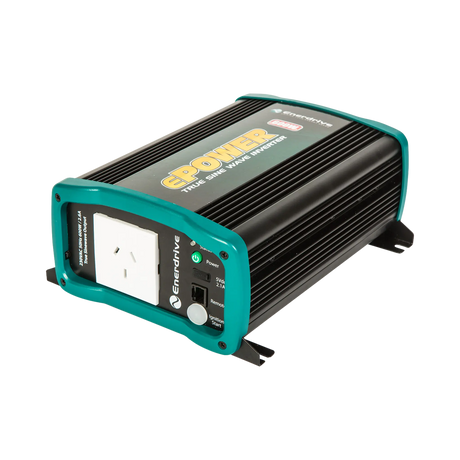 Enerdrive 600W 12V ePOWER inverter in a front right view with an AC socket, green end panel and black housing.