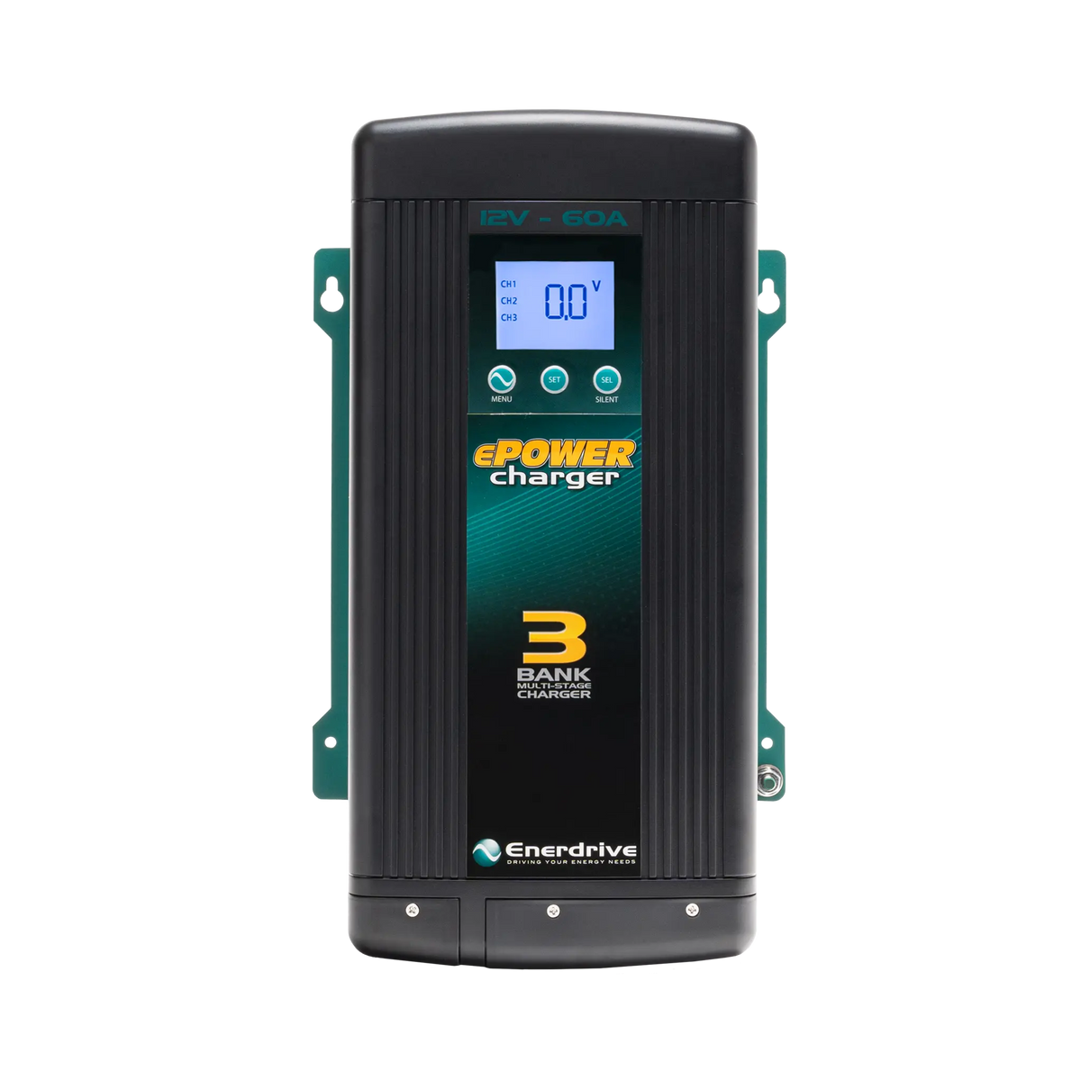 Enerdrive 60A 12V ePOWER battery charger front view with a backlit display and three control buttons.