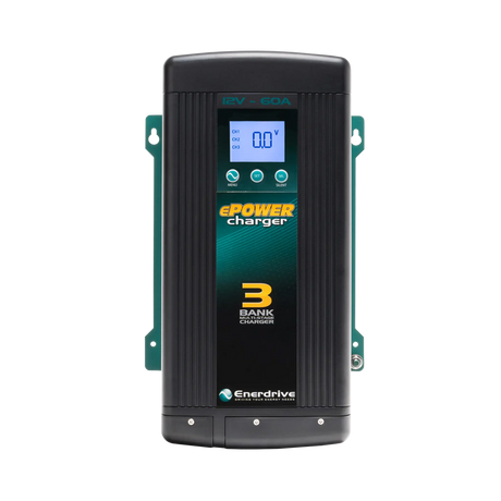Enerdrive 60A 12V ePOWER battery charger front view with a backlit display and three control buttons.