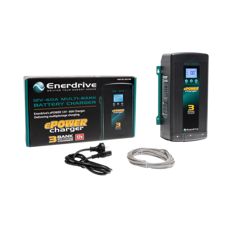 Enerdrive 60A 12V ePOWER battery charger beside its box, black power cord and coiled grey cable.