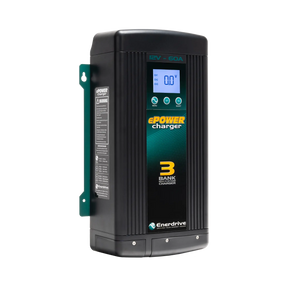 Enerdrive 60A 12V ePOWER battery charger in a front left view with its side label and digital display visible.