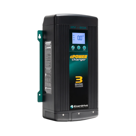 Enerdrive 60A 12V ePOWER battery charger in a front left view with its side label and digital display visible.