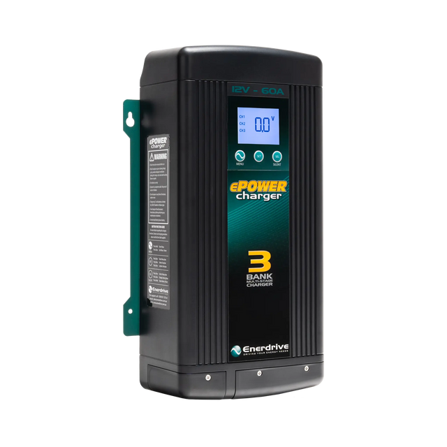 Enerdrive 60A 12V ePOWER battery charger in a front left view with its side label and digital display visible.