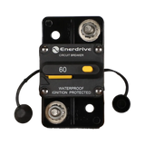 Enerdrive 60A surface mount circuit breaker front view with two 5/16 studs and tethered black caps.