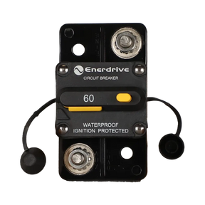 Enerdrive 60A surface mount circuit breaker front view with two 5/16 studs and tethered black caps.