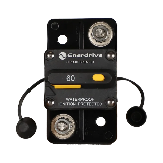 Enerdrive 60A surface mount circuit breaker front view with two 5/16 studs and tethered black caps.