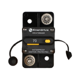 Enerdrive 70A surface mount circuit breaker front view with two stud terminals and a yellow reset lever.