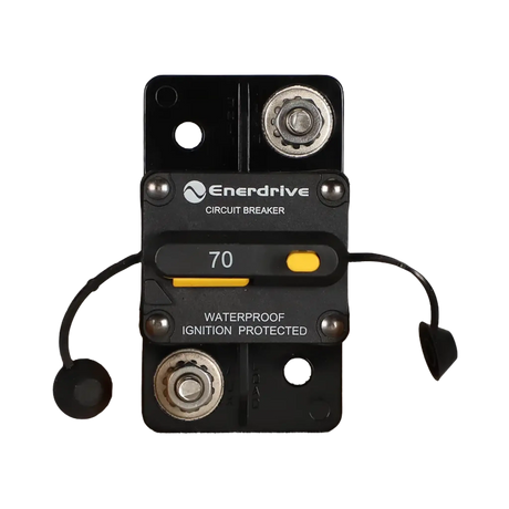 Enerdrive 70A surface mount circuit breaker front view with two stud terminals and a yellow reset lever.