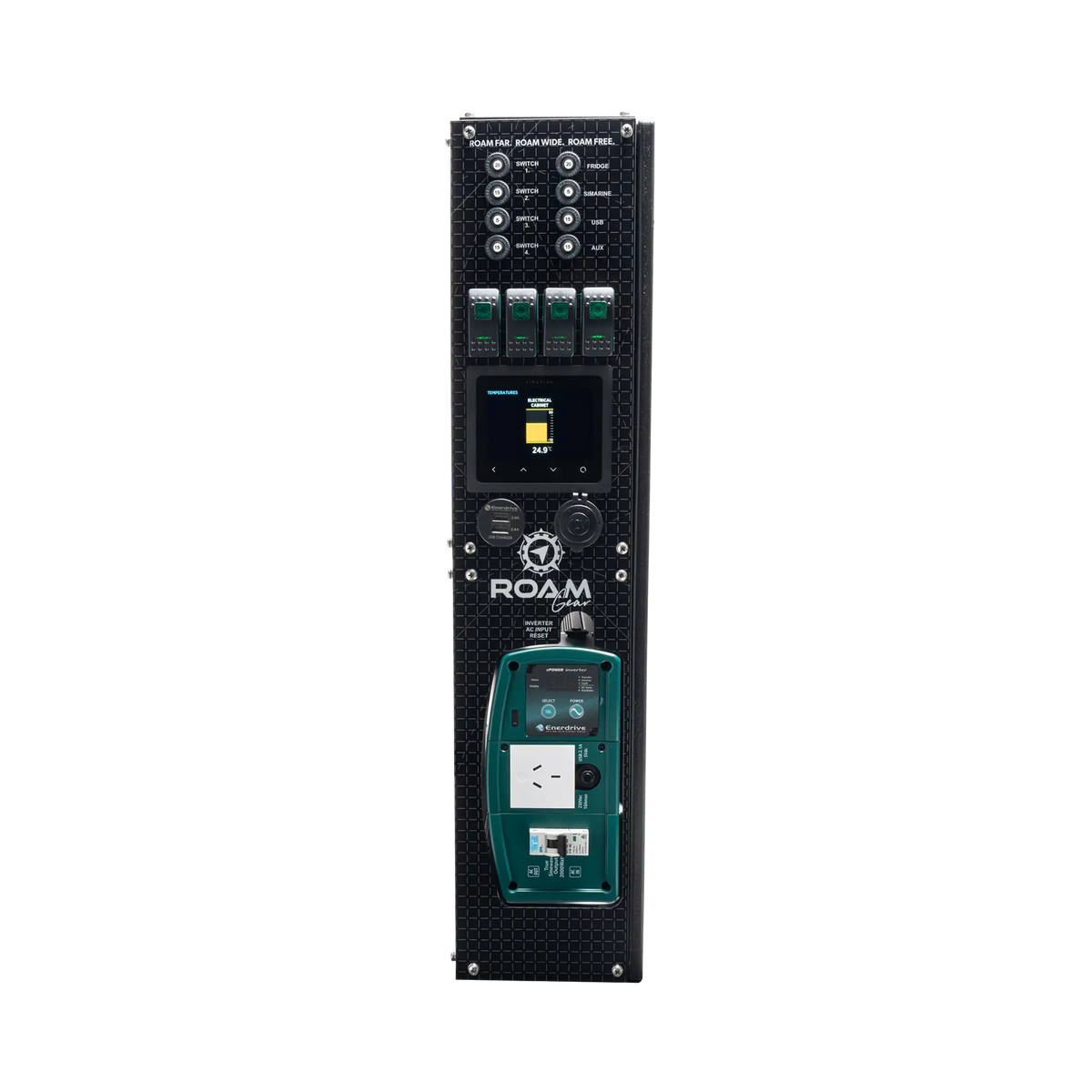 Enerdrive driver side Adventurer 03 control panel with an electrical cabinet temperature reading on the monitor.