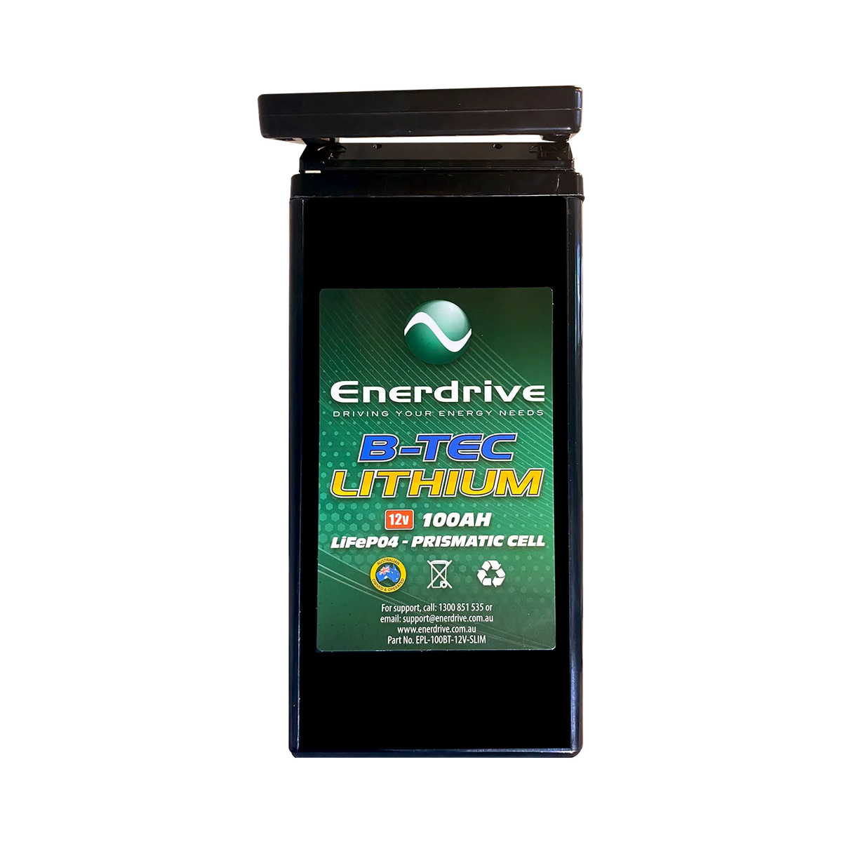 Enerdrive 100Ah 12V B-TEC slimline lithium battery end view with a green label and carry handle.