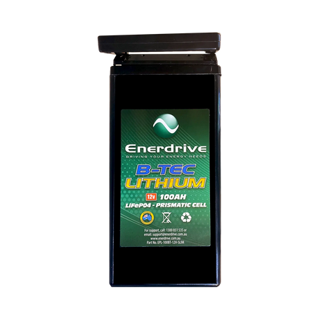 Enerdrive 100Ah 12V B-TEC slimline lithium battery end view with a green label and carry handle.
