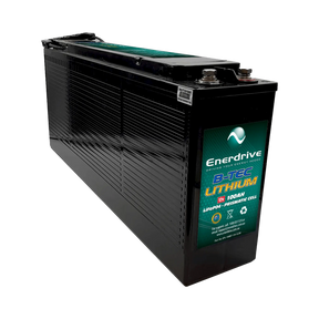 Enerdrive 100Ah 12V B-TEC slimline lithium battery in an angled view with a ribbed case and top terminals.