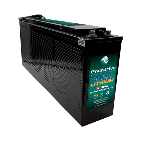 Enerdrive 100Ah 12V B-TEC slimline lithium battery in an angled view with a ribbed case and top terminals.
