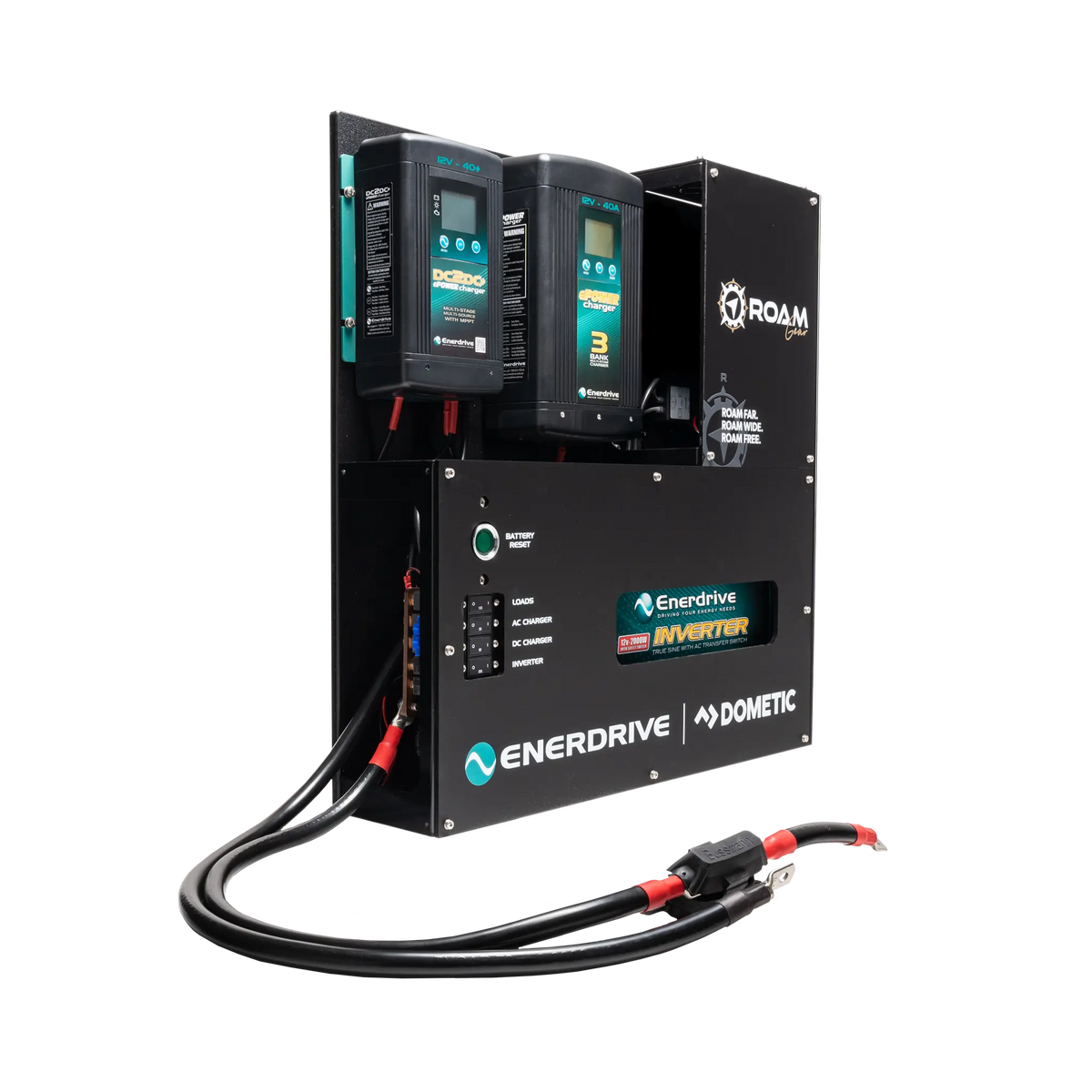 Enerdrive Adventurer 02 power system with positive and negative battery leads terminated with ring terminals.