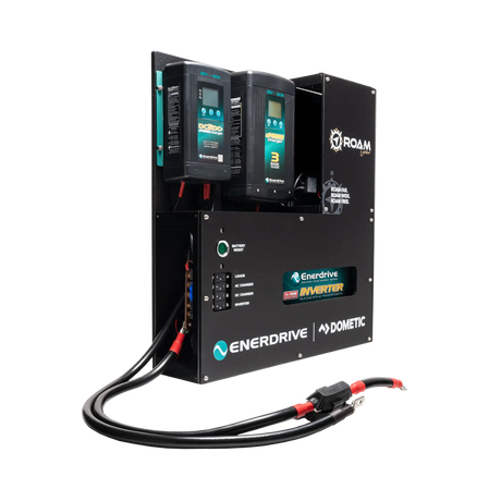 Enerdrive Adventurer 02 power system with positive and negative battery leads terminated with ring terminals.