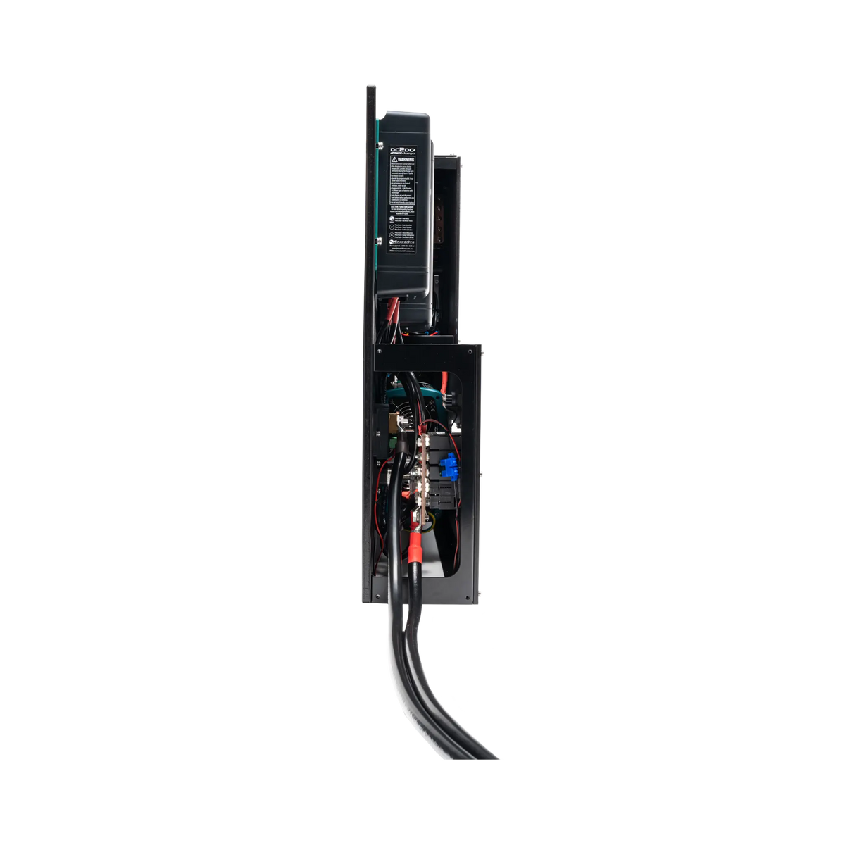 Enerdrive driver side Adventurer 02 power system edge view with internal wiring and battery leads visible.