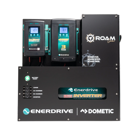 Enerdrive driver side Adventurer 03 power system with two lit charger displays above the inverter cover.