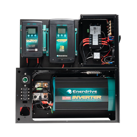 Enerdrive Adventurer 03 power system with covers removed, exposing the inverter, Simarine modules and wiring.