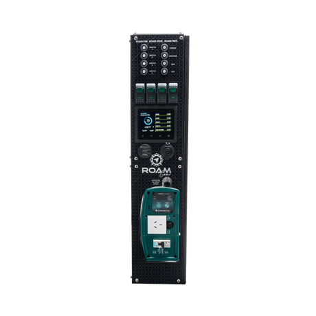 Enerdrive driver side Adventurer 03 switch panel with battery readings above USB sockets and the inverter outlet.