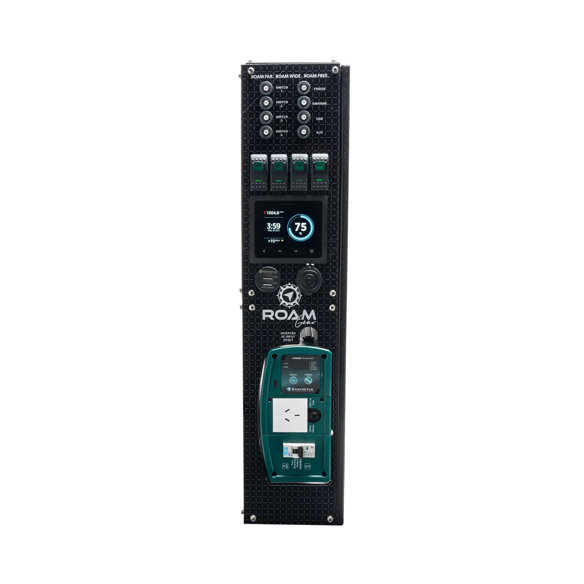 Enerdrive driver side Adventurer 03 panel with a clock and battery charge screen above the inverter controls.