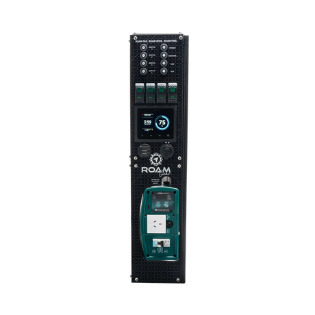 Enerdrive driver side Adventurer 03 panel with a clock and battery charge screen above the inverter controls.