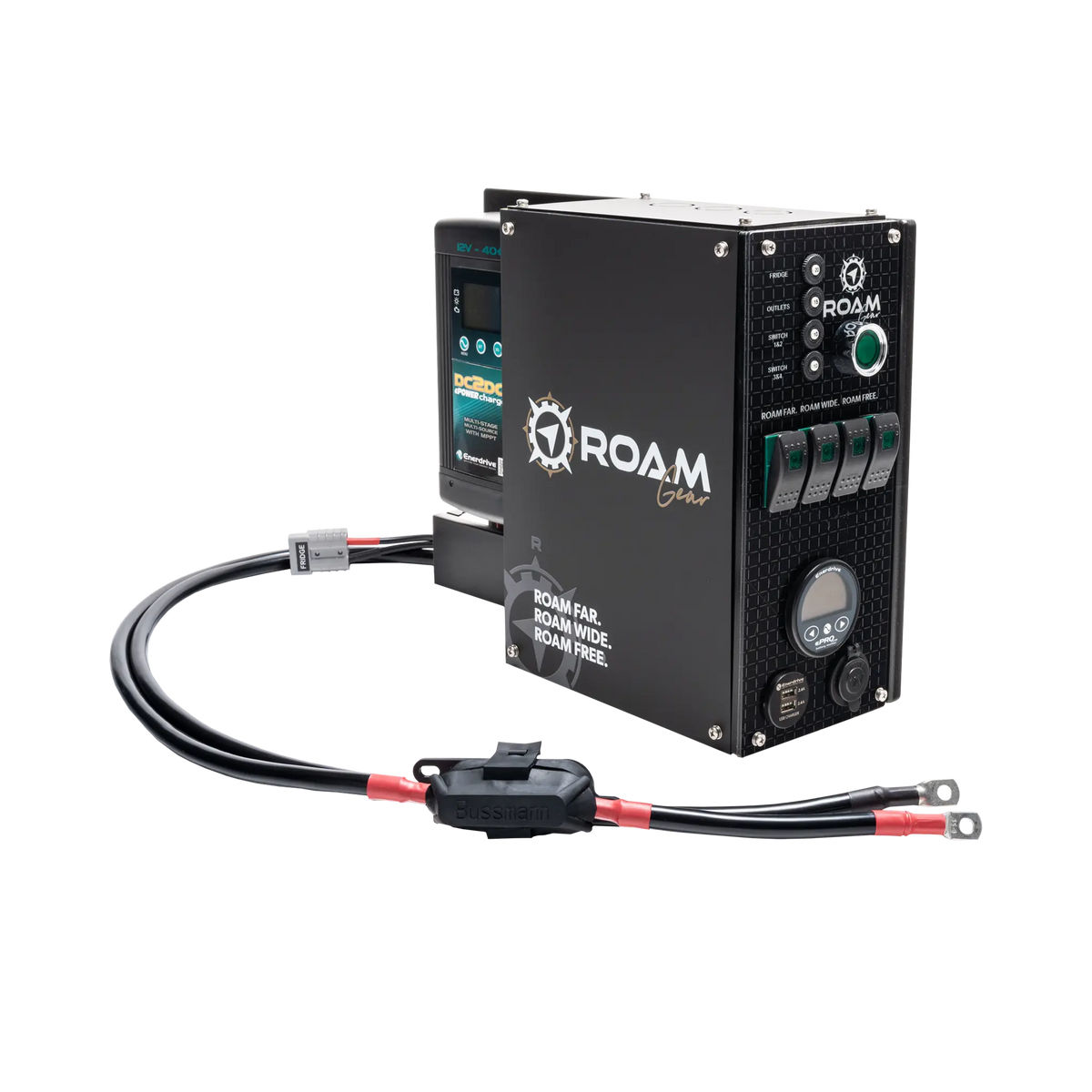 Enerdrive Explorer 01 driver side power system with positive and negative leads terminated with ring terminals.