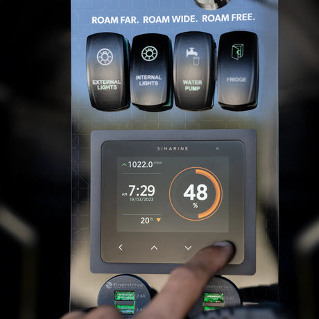 Enerdrive drivers side Explorer 02 power system with the Simarine screen showing 48% charge beneath labelled switches.