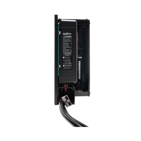 Enerdrive drivers side Explorer 02 power system rear view with the charger label, wiring and grey Anderson plug.