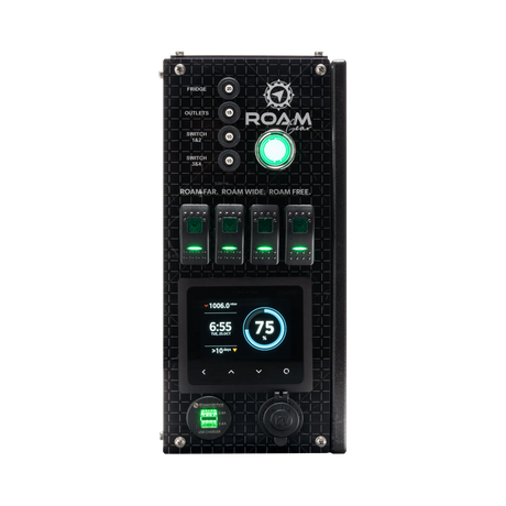 Enerdrive Explorer 03 front control panel with green illuminated switches and a Simarine battery charge display.