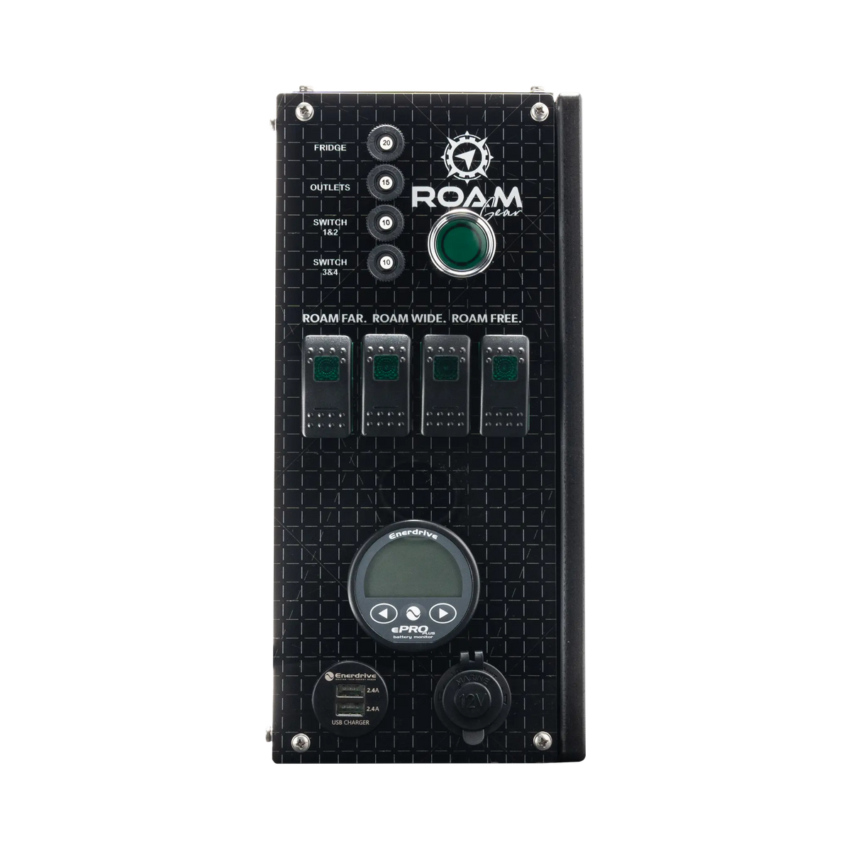 Enerdrive Traveller 01 black control panel with a blank ePRO PLUS monitor and unlit rocker switches.