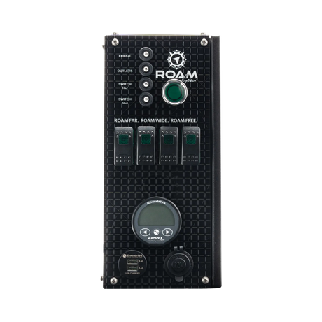 Enerdrive Traveller 01 black control panel with a blank ePRO PLUS monitor and unlit rocker switches.