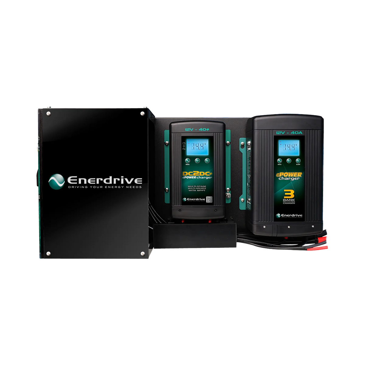 Enerdrive Traveller 01 power system charger side view with a DC to DC charger beside a three bank AC charger.