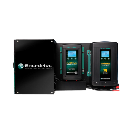 Enerdrive Traveller 01 power system charger side view with a DC to DC charger beside a three bank AC charger.