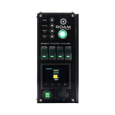 Enerdrive driver side Traveller 03 control panel with a yellow temperature gauge below four illuminated switches.