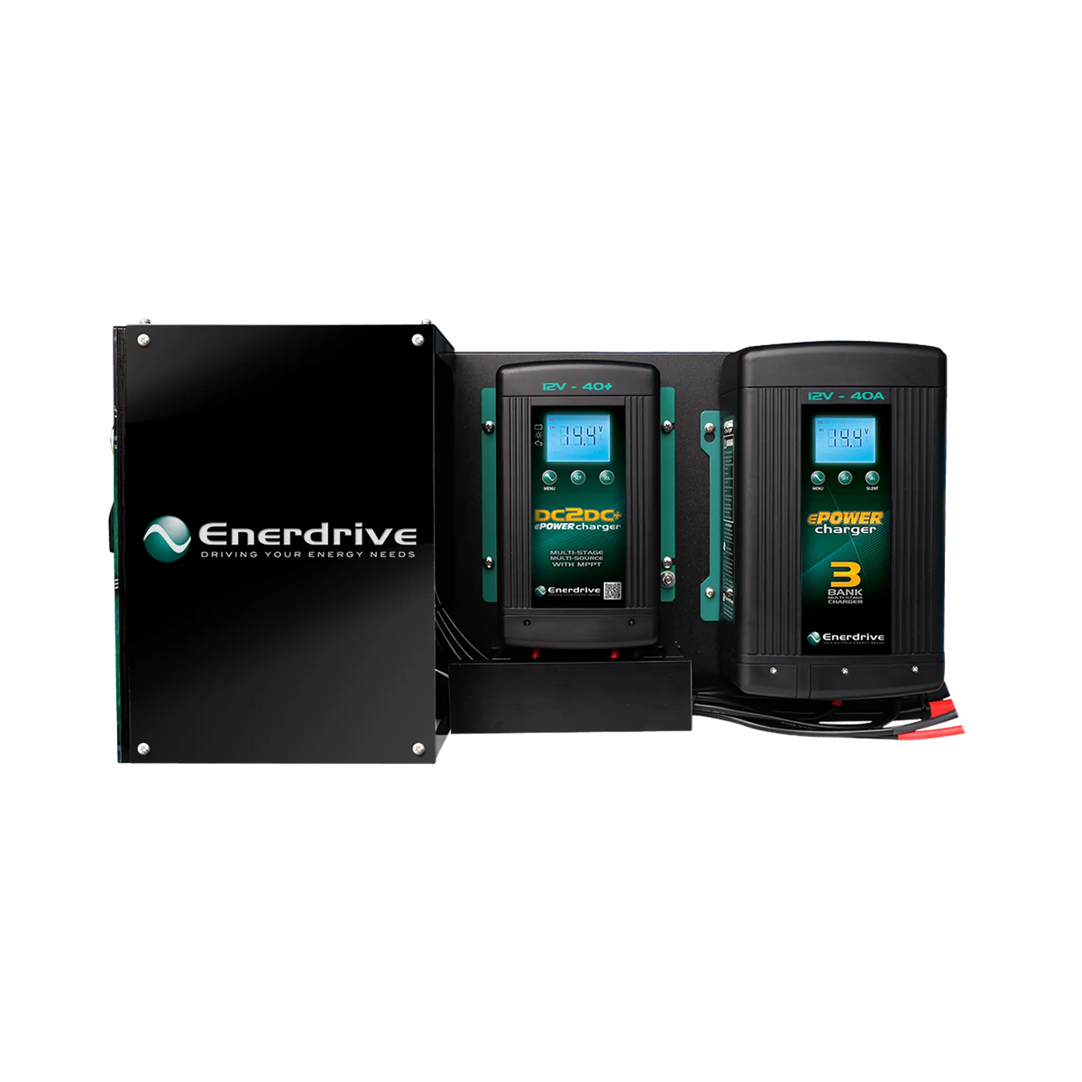 Enerdrive Traveller 03 power system charger side view with a DC to DC charger beside a three bank AC charger.