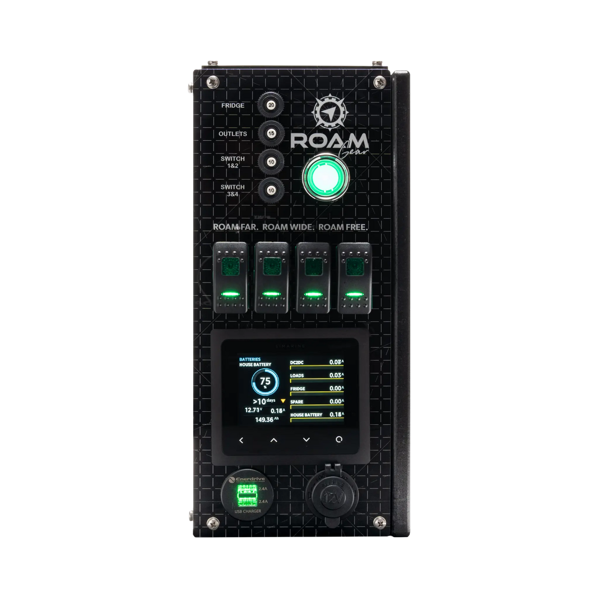 Enerdrive driver side Traveller 03 control panel showing battery charge and individual circuit readings.