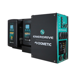 Enerdrive driver side Traveller 03 power system angled view with two chargers behind the black enclosure.