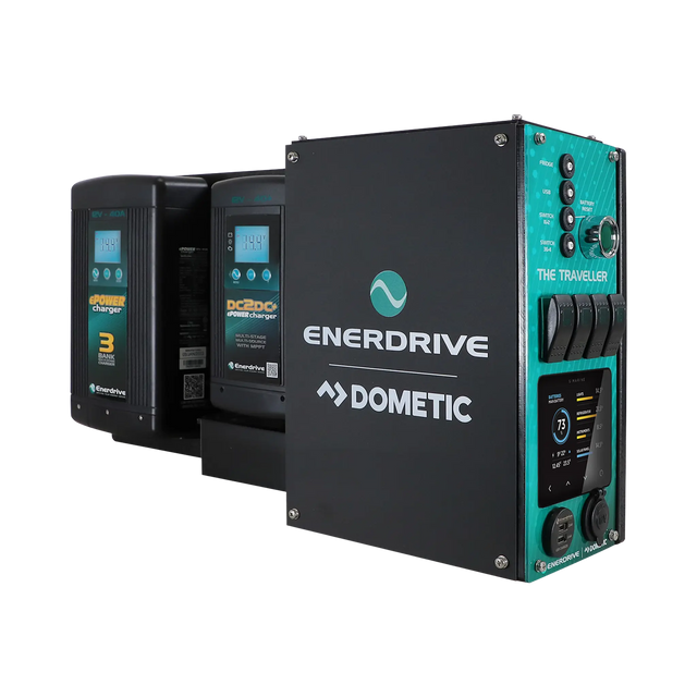 Enerdrive driver side Traveller 03 power system angled view with two chargers behind the black enclosure.