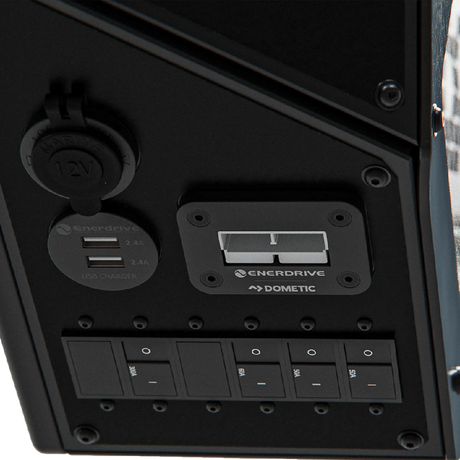 Enerdrive Driver Side Voyager Power System USB ports and auxiliary switch panel.