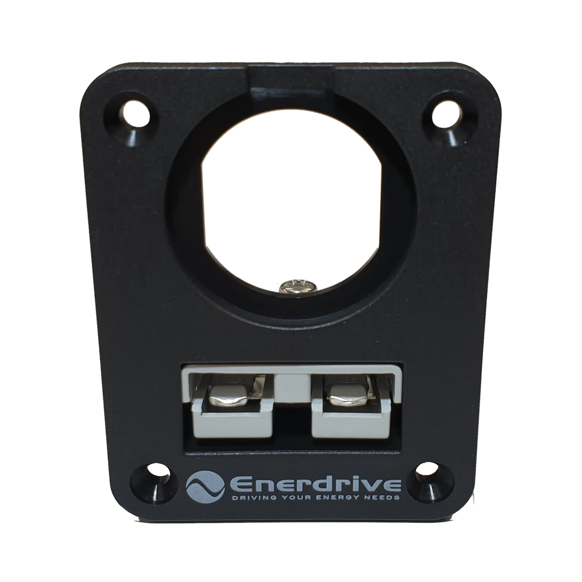 Enerdrive dual flush mount panel with a 50A Anderson plug below a single round socket hole.