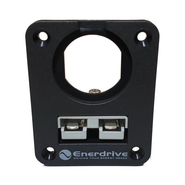 Enerdrive dual flush mount panel with a 50A Anderson plug below a single round socket hole.